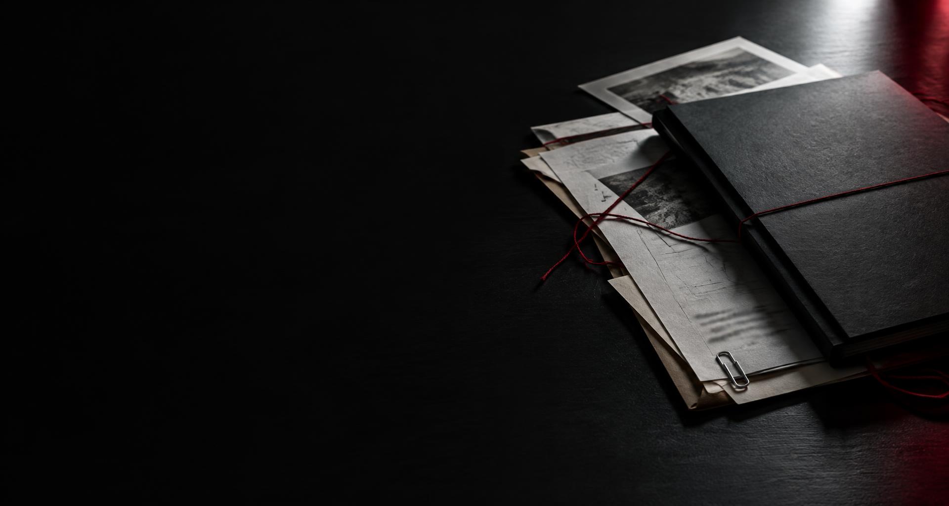 An editorial still life of archived paper correspondence and a closed folder